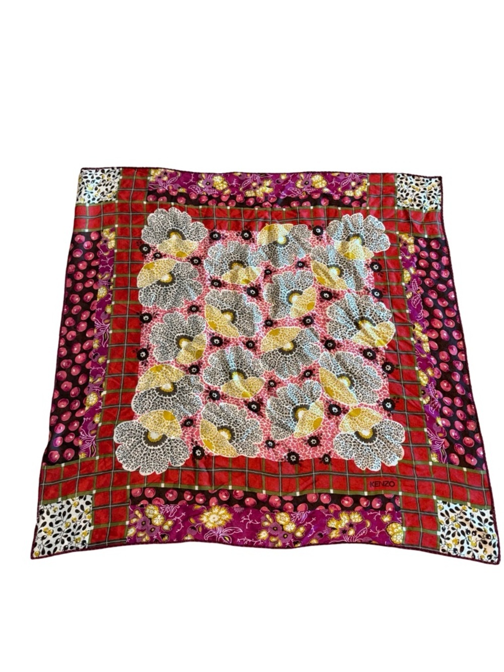 Kenzo Colorful Floral Print Scarf 100% Silk Luxury Designer Flowy 26" x 25"